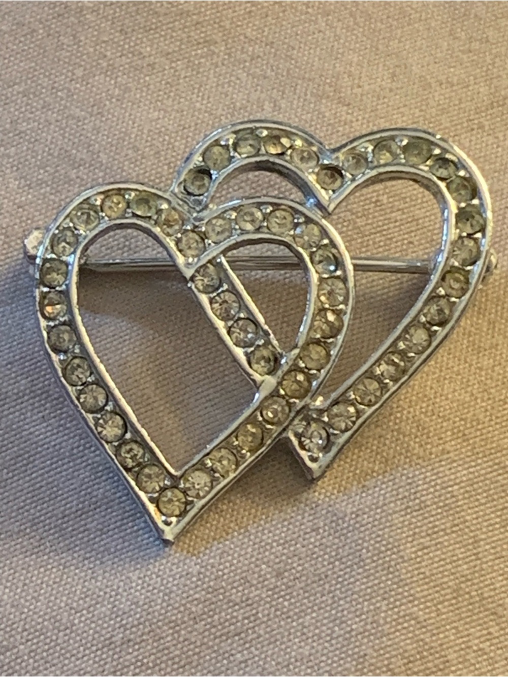 Vintage Roman Rhinestone Double Heart Brooch in Silver